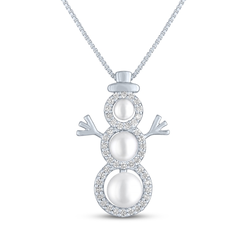 Main Image 1 of Cultured Pearl & White Lab-Created Sapphire Snowman Necklace Sterling Silver 18"
