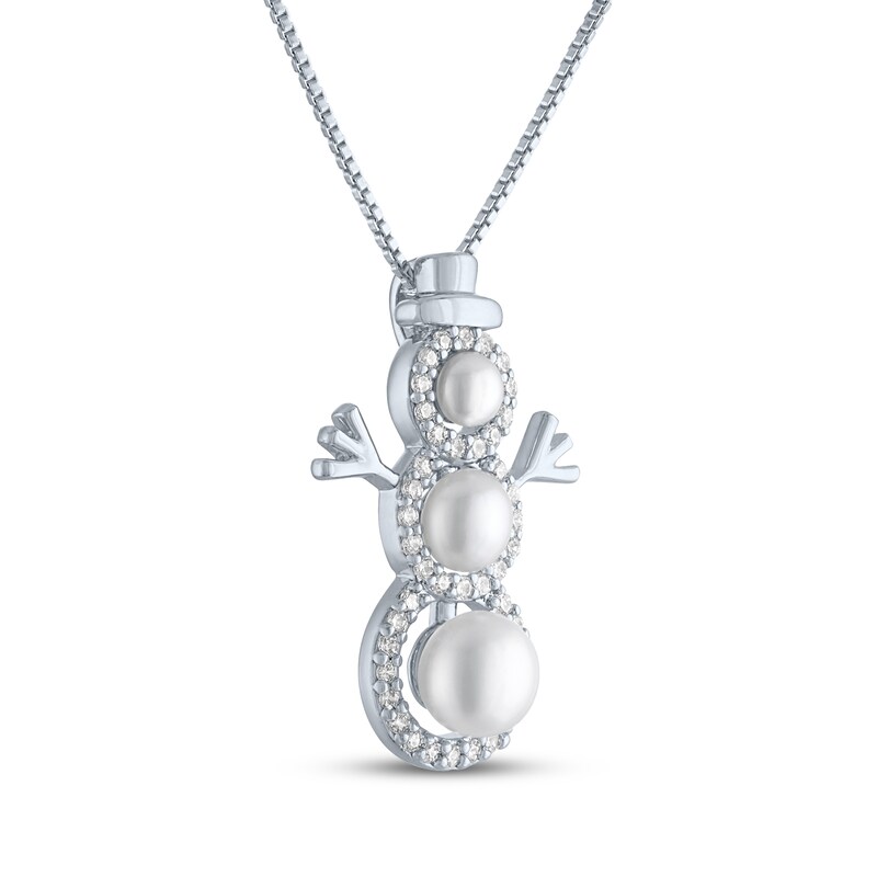 Main Image 2 of Cultured Pearl & White Lab-Created Sapphire Snowman Necklace Sterling Silver 18"