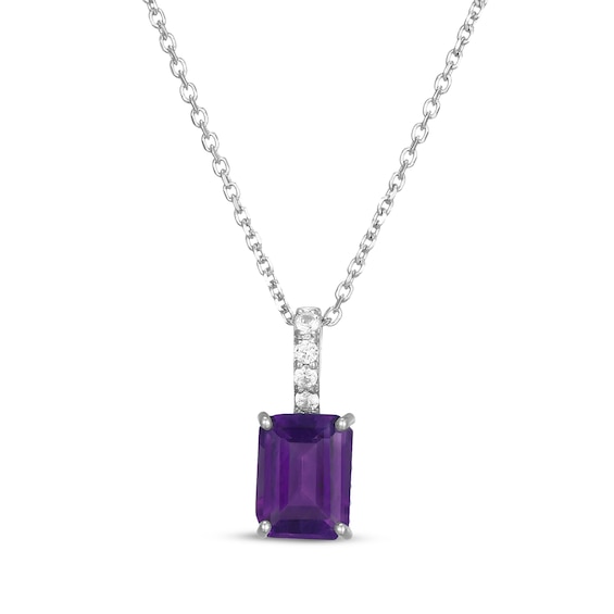 Emerald-Cut Amethyst & White Lab-Created Sapphire Hidden Halo Necklace Sterling Silver 18"