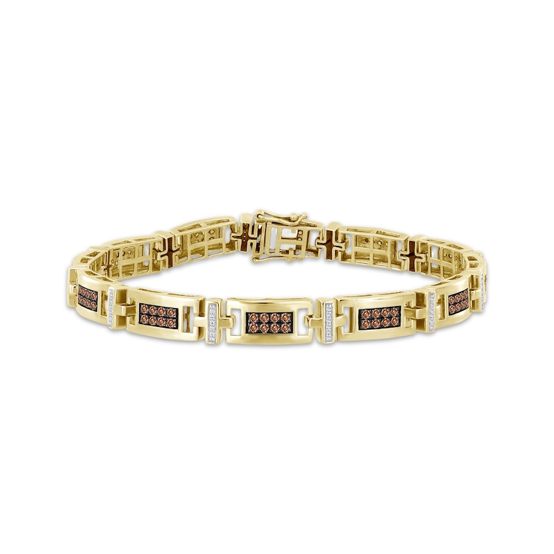 Main Image 1 of Men's Brown & White Diamond Rectangle Link Bracelet 1-1/2 ct tw 10K Yellow Gold 8.5"