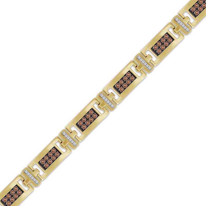 Main Image 2 of Men's Brown & White Diamond Rectangle Link Bracelet 1-1/2 ct tw 10K Yellow Gold 8.5"
