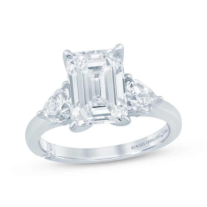 Main Image 1 of Monique Lhuillier Bliss Emerald-Cut Lab-Grown Diamond Three-Stone Engagement Ring 4-1/8 ct tw 18K White Gold