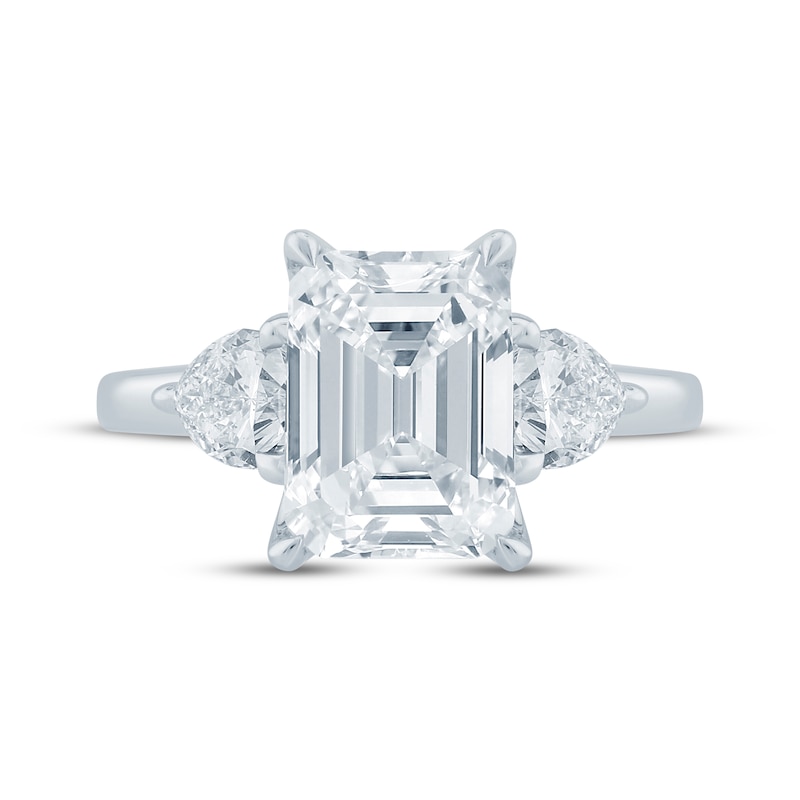 Main Image 4 of Monique Lhuillier Bliss Emerald-Cut Lab-Grown Diamond Three-Stone Engagement Ring 4-1/8 ct tw 18K White Gold