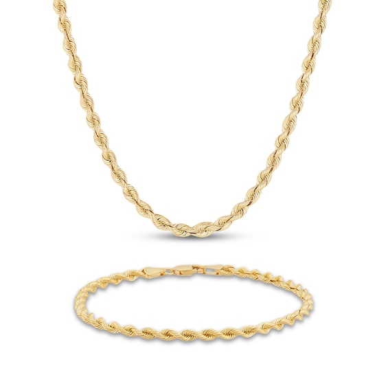 2.5mm Silk Rope Chain Necklace & Bracelet Set Hollow 14K Yellow Gold