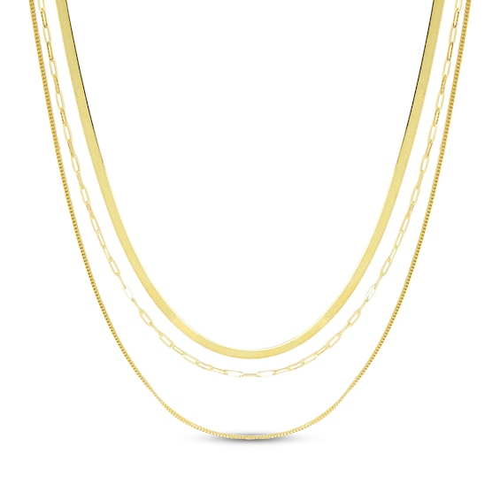 Herringbone, Paperclip & Curb Chain Three-Strand Necklace Solid 10K Yellow Gold 20"