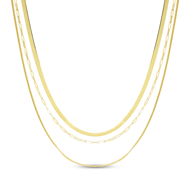 Main Image 1 of Herringbone, Paperclip & Curb Chain Three-Strand Necklace Solid 10K Yellow Gold 20"