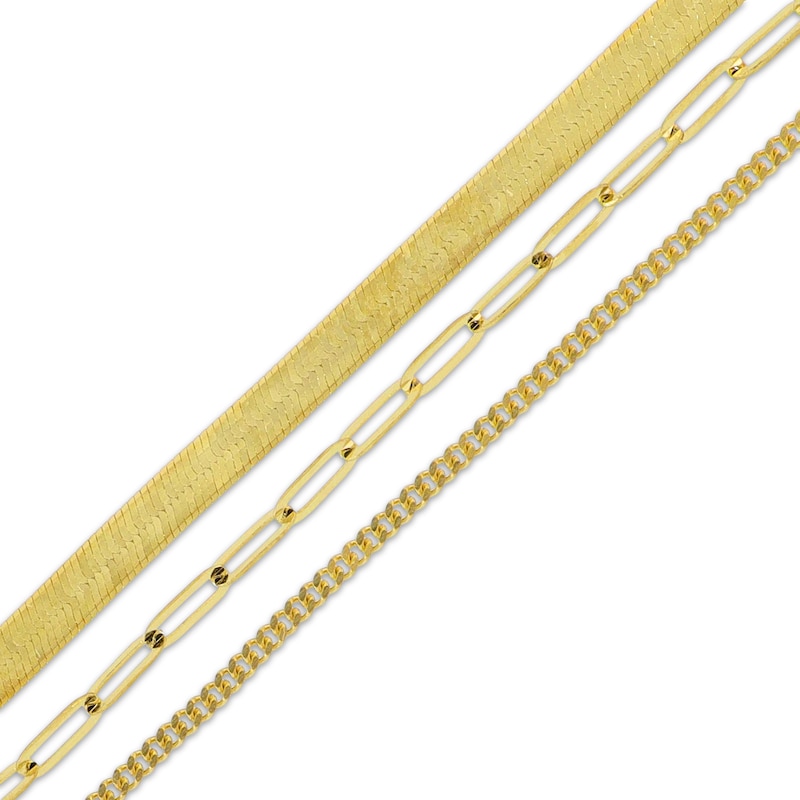 Main Image 2 of Herringbone, Paperclip & Curb Chain Three-Strand Necklace Solid 10K Yellow Gold 20"