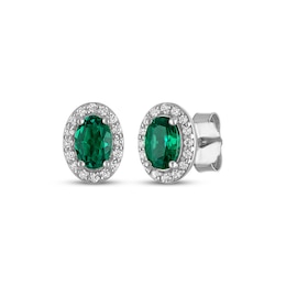 Oval-Cut Lab-Created Emerald & White Lab-Created Sapphire Stud Earrings Sterling Silver