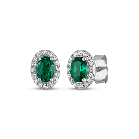 Oval-Cut Lab-Created Emerald & White Lab-Created Sapphire Stud Earrings Sterling Silver
