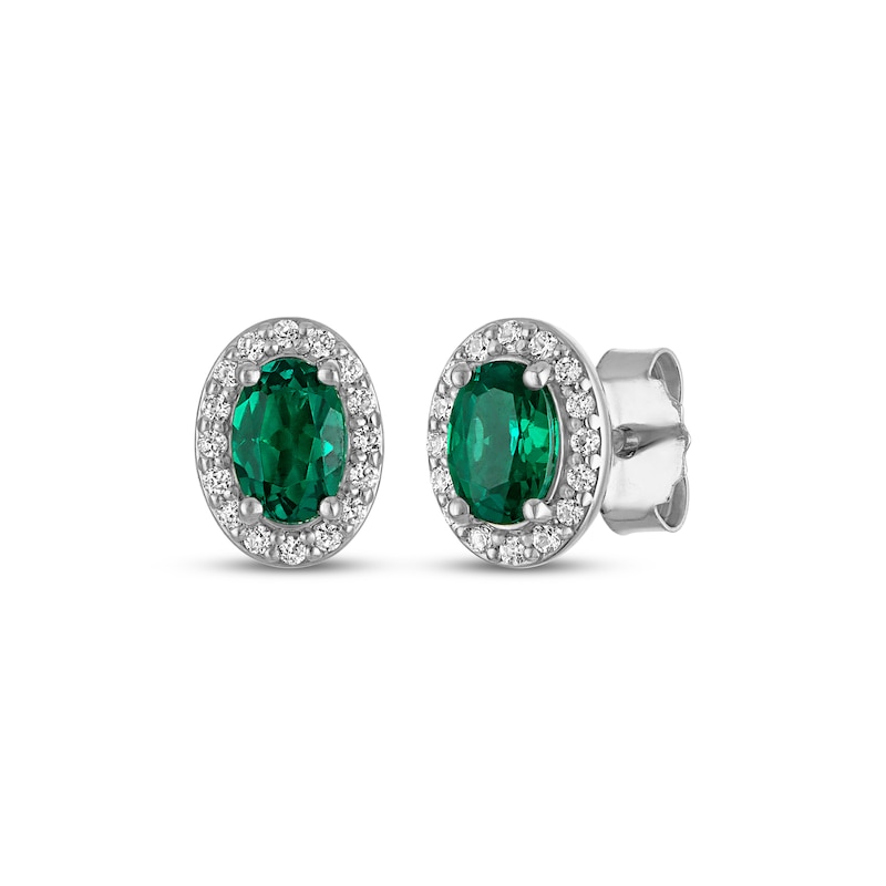 Main Image 1 of Oval-Cut Lab-Created Emerald & White Lab-Created Sapphire Stud Earrings Sterling Silver