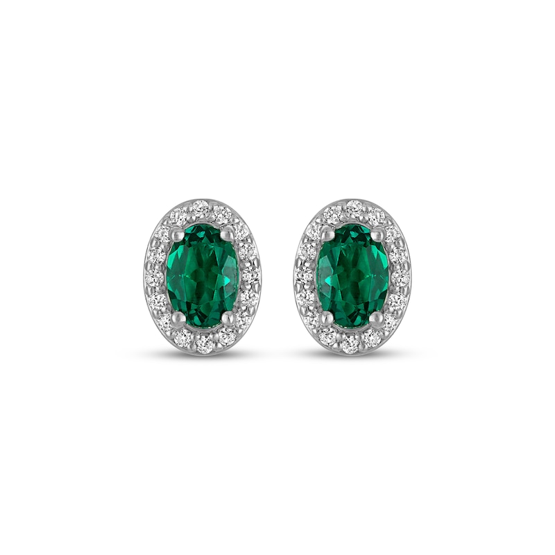 Main Image 2 of Oval-Cut Lab-Created Emerald & White Lab-Created Sapphire Stud Earrings Sterling Silver