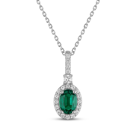 Oval-Cut Lab-Created Emerald & White Lab-Created Sapphire Drop Necklace Sterling Silver 18"