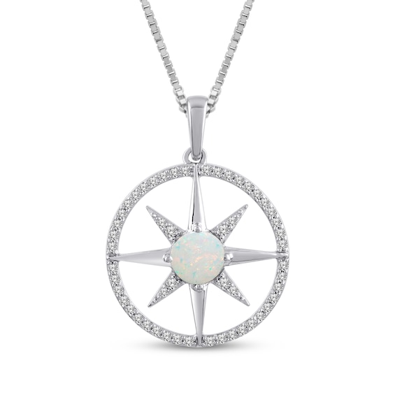 Lab-Created Opal & White Lab-Created Sapphire Star Circle Necklace Sterling Silver 18"