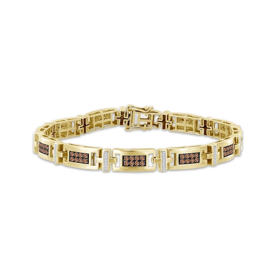 Men's Brown & White Diamond Rectangle Link Bracelet 1-1/2 ct tw 10K Yellow Gold 8.5"