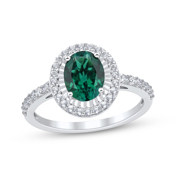 Oval-Cut Lab-Created Emerald & White Lab-Created Sapphire Halo Ring Sterling Silver