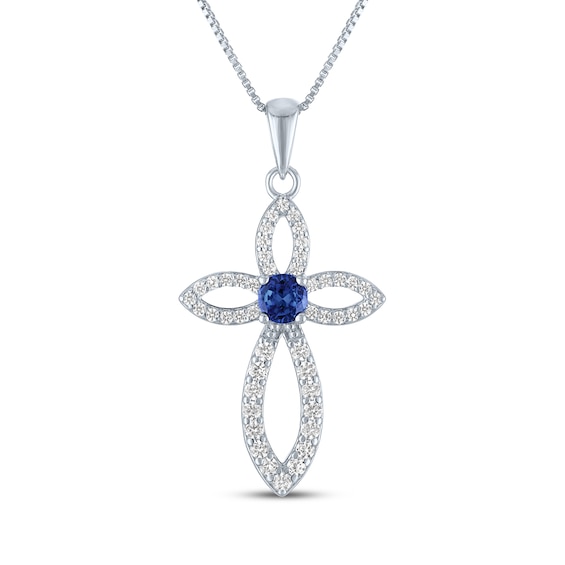 Blue & White Lab-Created Sapphire Cross Necklace Sterling Silver 18"