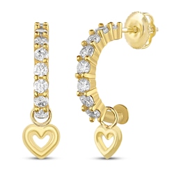 Cubic Zirconia Heart Hoop Drop Earrings 14K Yellow Gold
