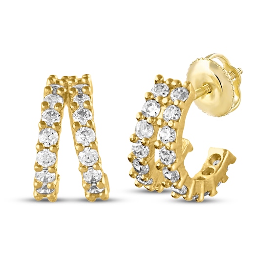 Cubic Zirconia Double-Loop Huggie Earrings 14K Yellow Gold