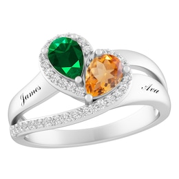 Pear-Shaped Gemstone Bypass Couple's Ring (2 Stones and Lines)