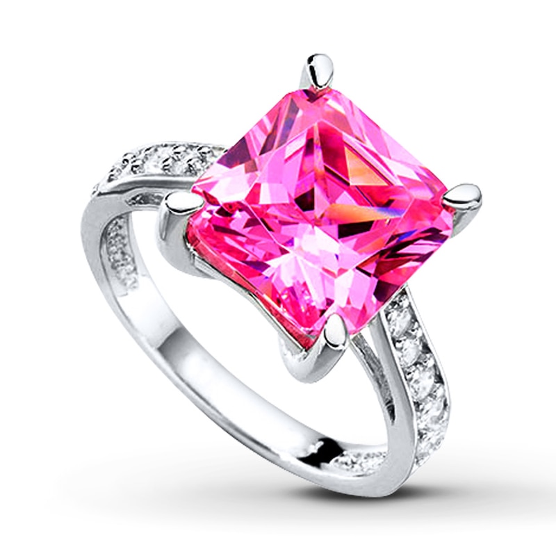 New Womens 925 Sterling Silver Filled Statement Rings Square Pink Cubic Zirconia