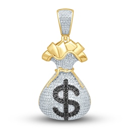 Men's Black & White Diamond Money Bag Pendant 3/4 ct tw Round-cut 10K Yellow Gold