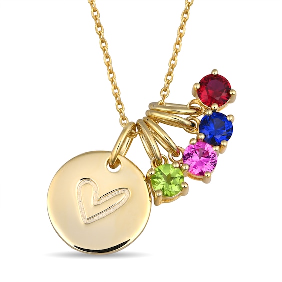 Heart Birthstone Family and Round Disc Necklace (4 Stones)