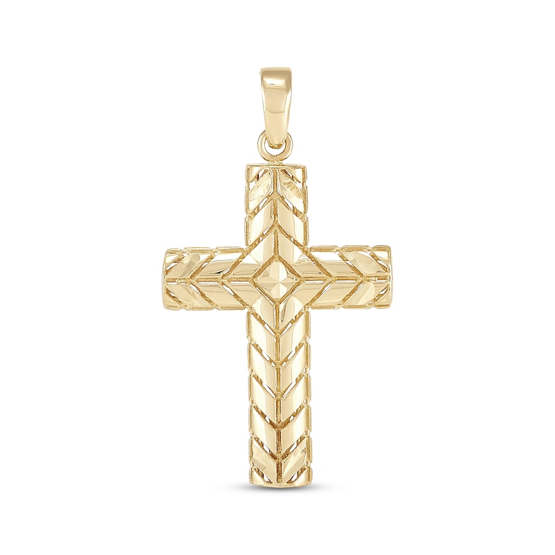Main Image 1 of Men's Chevron Pattern Engraved Cross Charm 14K Yellow Gold