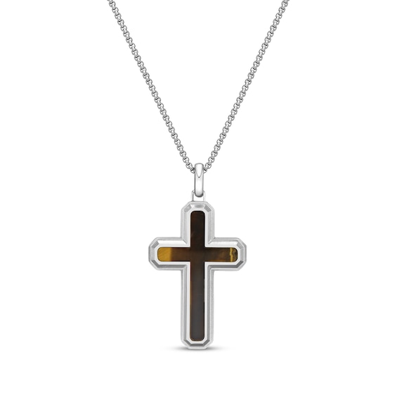 Men's Tiger's Eye Cross Necklace Stainless Steel 24"