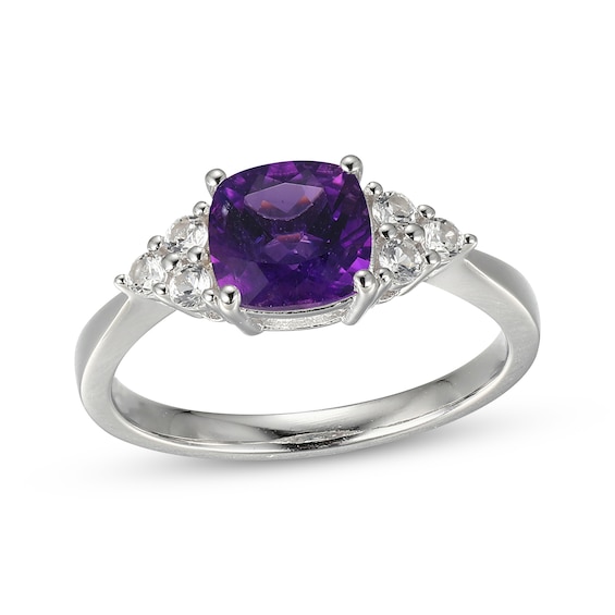 Cushion-Cut Amethyst & White Lab-Created Sapphire Ring Sterling Silver