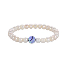 Cultured Pearl & Blue Enamel Bead Stretch Bracelet Sterling Silver 7&quot;