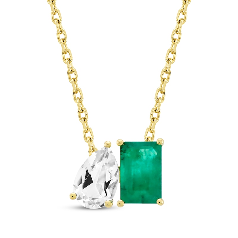 Main Image 1 of Toi et Moi Pear-Shaped White Topaz & Emerald-Cut Emerald Necklace 10K Yellow Gold 18"