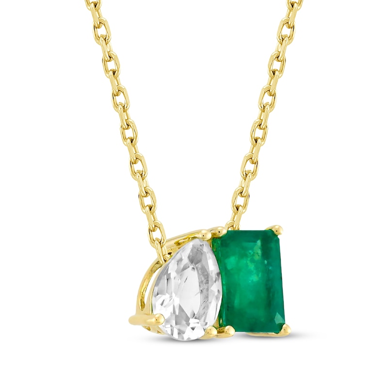 Main Image 2 of Toi et Moi Pear-Shaped White Topaz & Emerald-Cut Emerald Necklace 10K Yellow Gold 18"