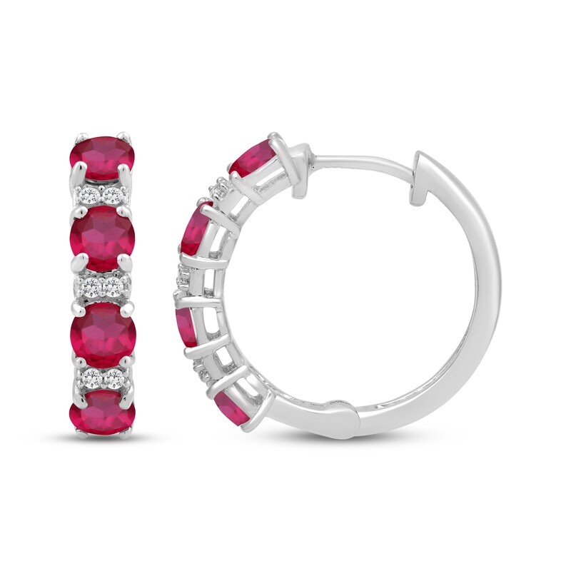 Main Image 3 of Lab-Created Ruby & White Lab-Created Sapphire Hoop Earrings Sterling Silver