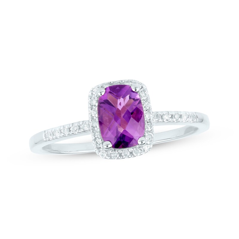 Main Image 1 of Cushion-Cut Amethyst & Diamond Halo Ring 1/10 ct tw 14K White Gold