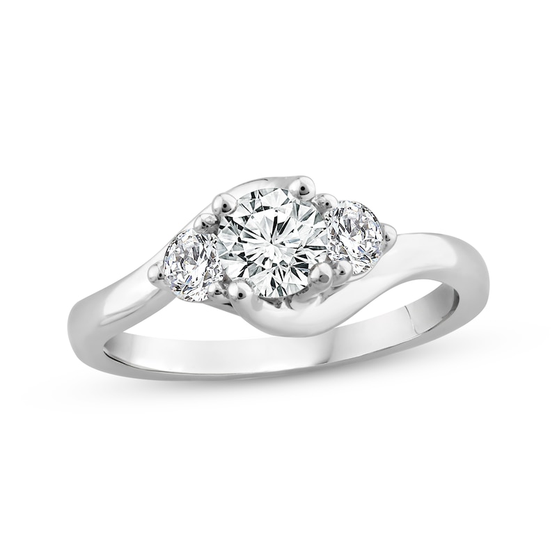 Main Image 1 of Memories Moments Magic Round-Cut Diamond Three-Stone Bypass Engagement Ring 3/4 ct tw 14K White Gold