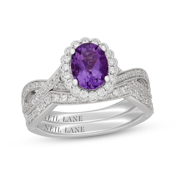 Neil Lane Oval-Cut Amethyst & Diamond Scalloped Halo Bridal Set 5/8 ct tw 14K White Gold