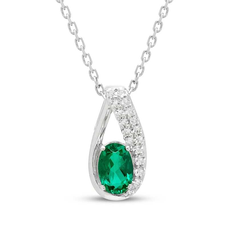 Main Image 1 of Oval-Cut Lab-Created Emerald & White Lab-Created Sapphire Drop Necklace Sterling Silver 18"