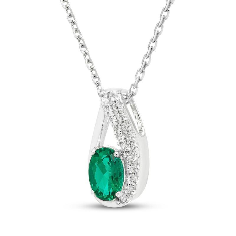 Main Image 2 of Oval-Cut Lab-Created Emerald & White Lab-Created Sapphire Drop Necklace Sterling Silver 18"