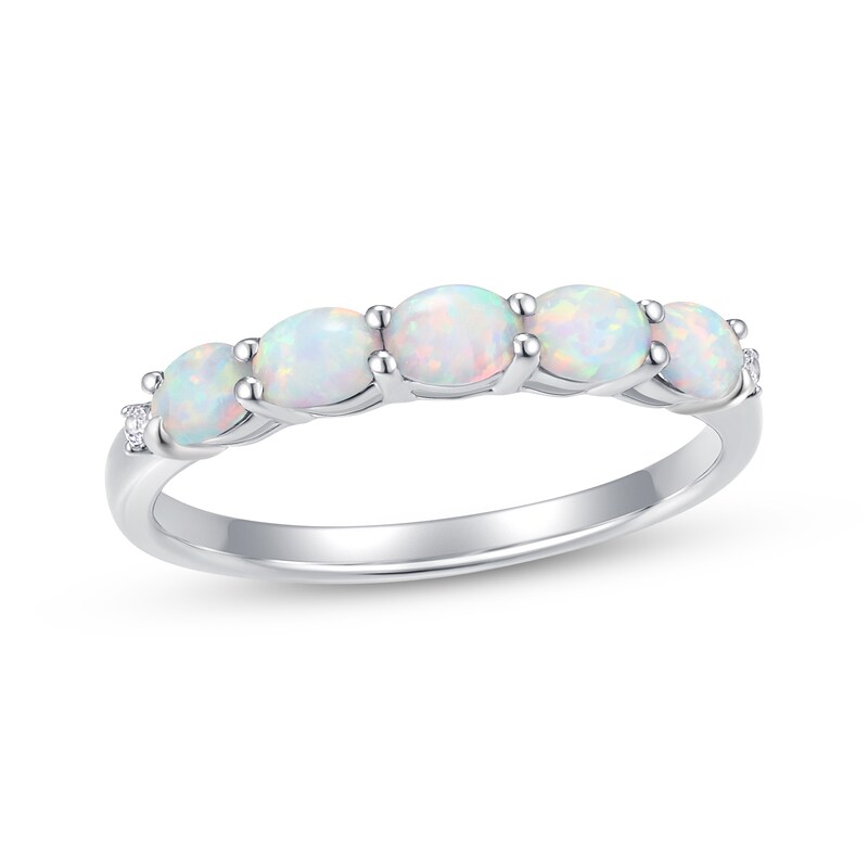 Main Image 1 of Oval-Cut Lab-Created Opal & White Lab-Created Sapphire Ring Sterling Silver