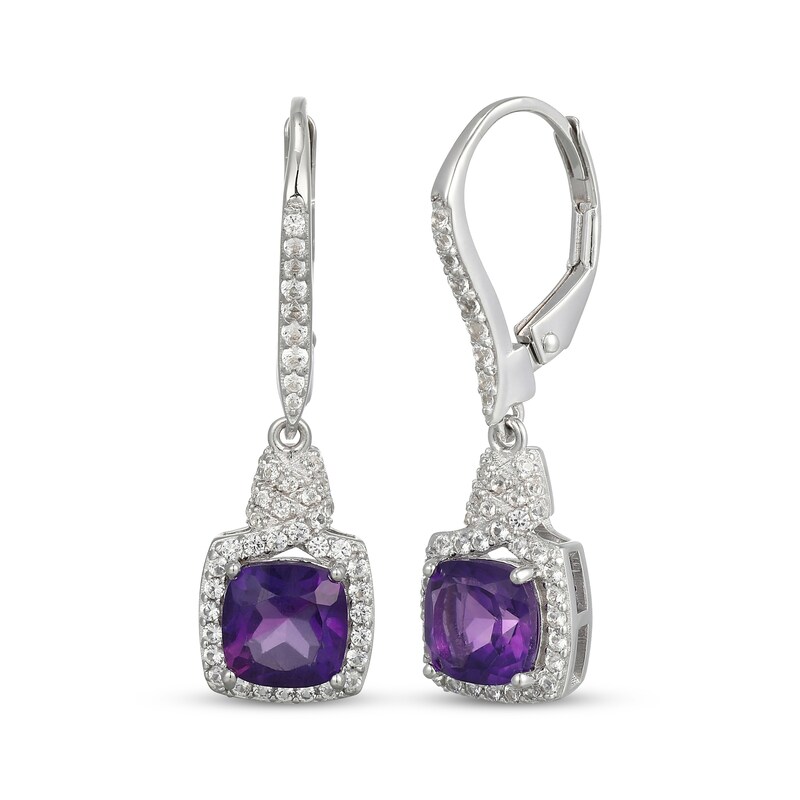 Main Image 1 of Cushion-Cut Amethyst & White Lab-Created Sapphire Dangle Earrings Sterling Silver