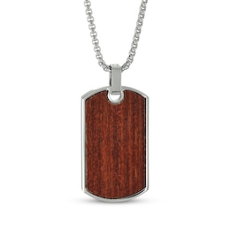 Men's Wood Dog Tag Necklace Stainless Steel 24"