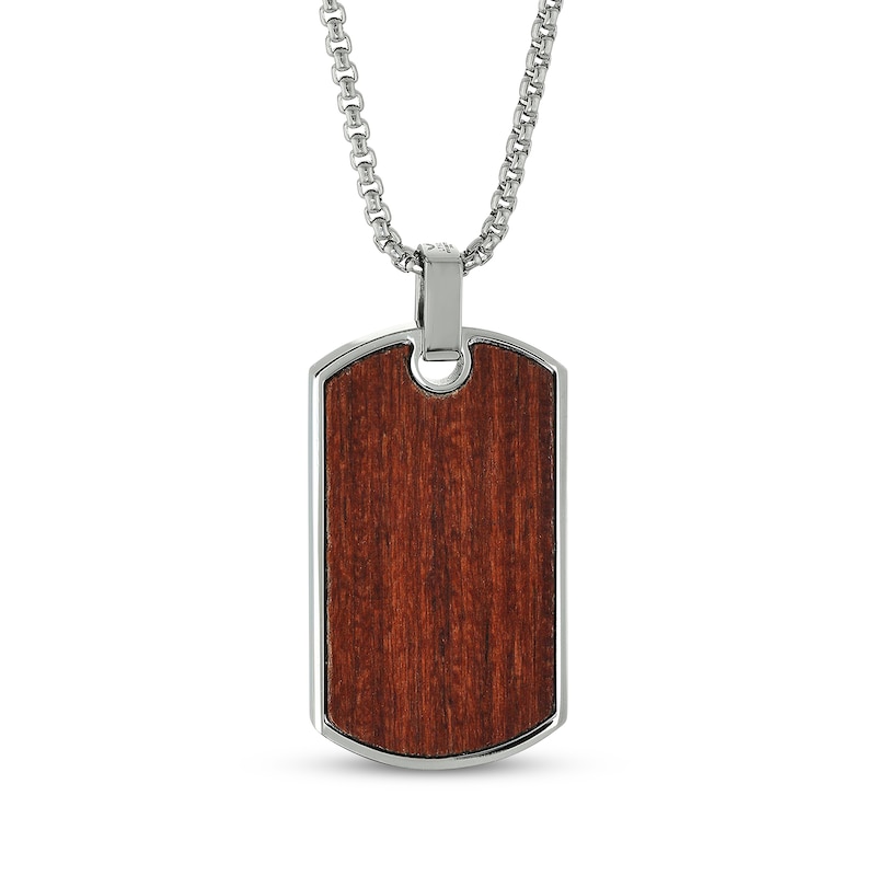 Main Image 1 of Men's Wood Dog Tag Necklace Stainless Steel 24"
