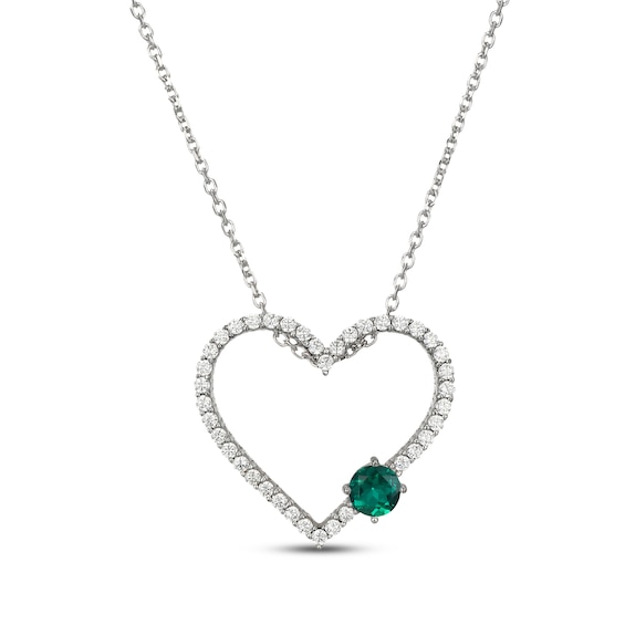 Lab-Created Emerald & White Lab-Created Sapphire Heart Necklace Sterling Silver 18"