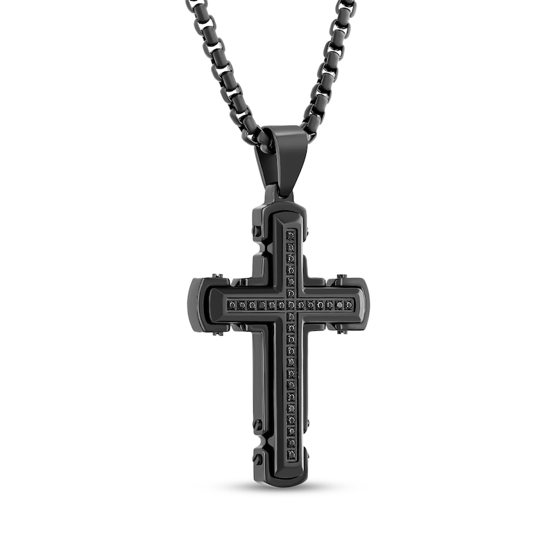 Main Image 2 of Men's Black Diamond Cross Necklace 1/4 ct tw Black Ion-Plated Stainless Steel 24"