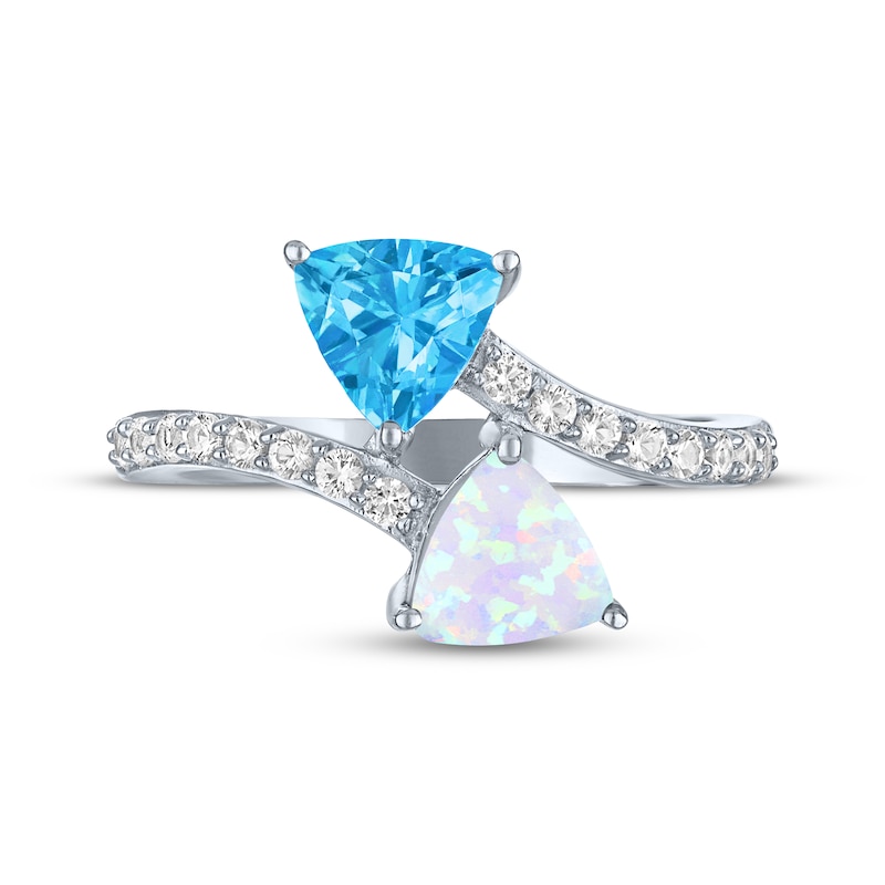 Main Image 3 of Swiss Blue Topaz, Lab-Created Opal & White Lab-Created Sapphire Bypass Ring Sterling Silver
