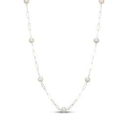 Cultured Pearl & Paperclip Chain Necklace Sterling Silver 18"