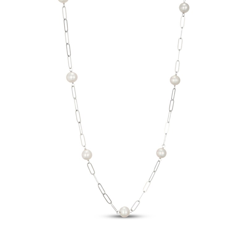 Main Image 2 of Cultured Pearl & Paperclip Chain Necklace Sterling Silver 18"