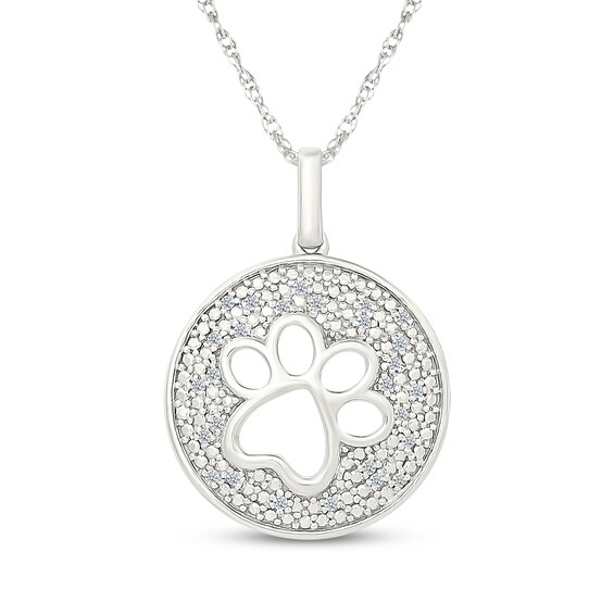 Diamond Paw Print Disc Charm Necklace 1/10 ct tw Sterling Silver
