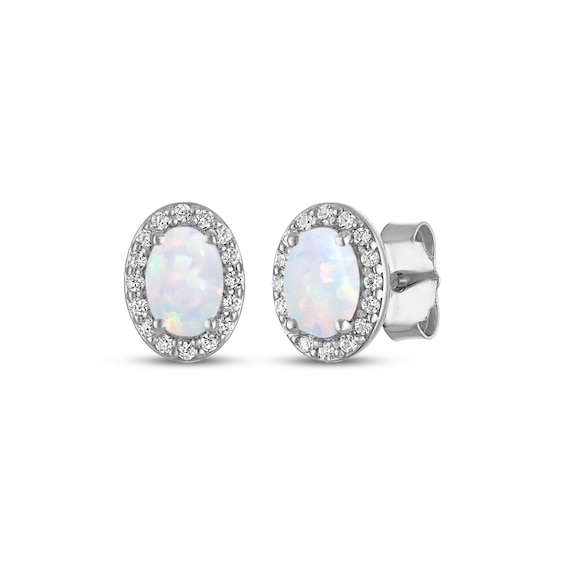 Oval-Cut Lab-Created Opal & White Lab-Created Sapphire Stud Earrings Sterling Silver