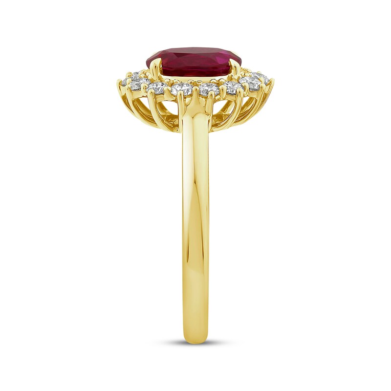 Main Image 2 of KAY Lab-Grown Diamonds Oval-Cut Lab-Created Ruby Starburst Frame Ring 1/2 ct tw 14K Yellow Gold